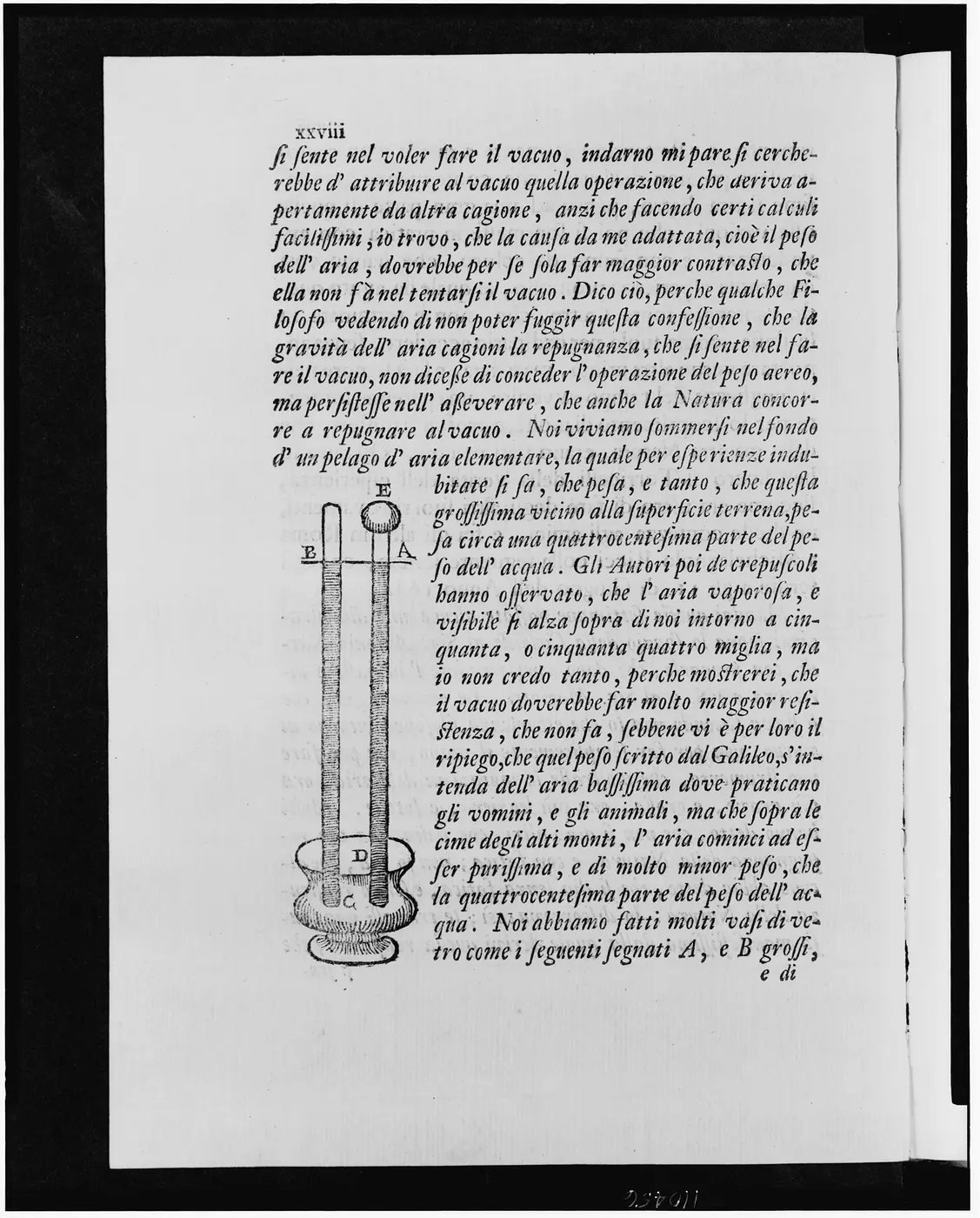 A page from an old book, with a drawing of two glass tubes standing in a dish set into Italian text