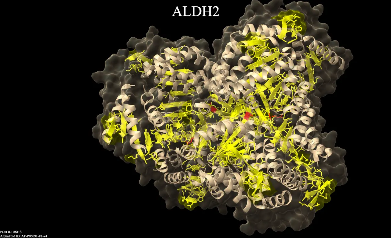A 3D model of a protein with intricately intertwined spirals and ribbons on a black background