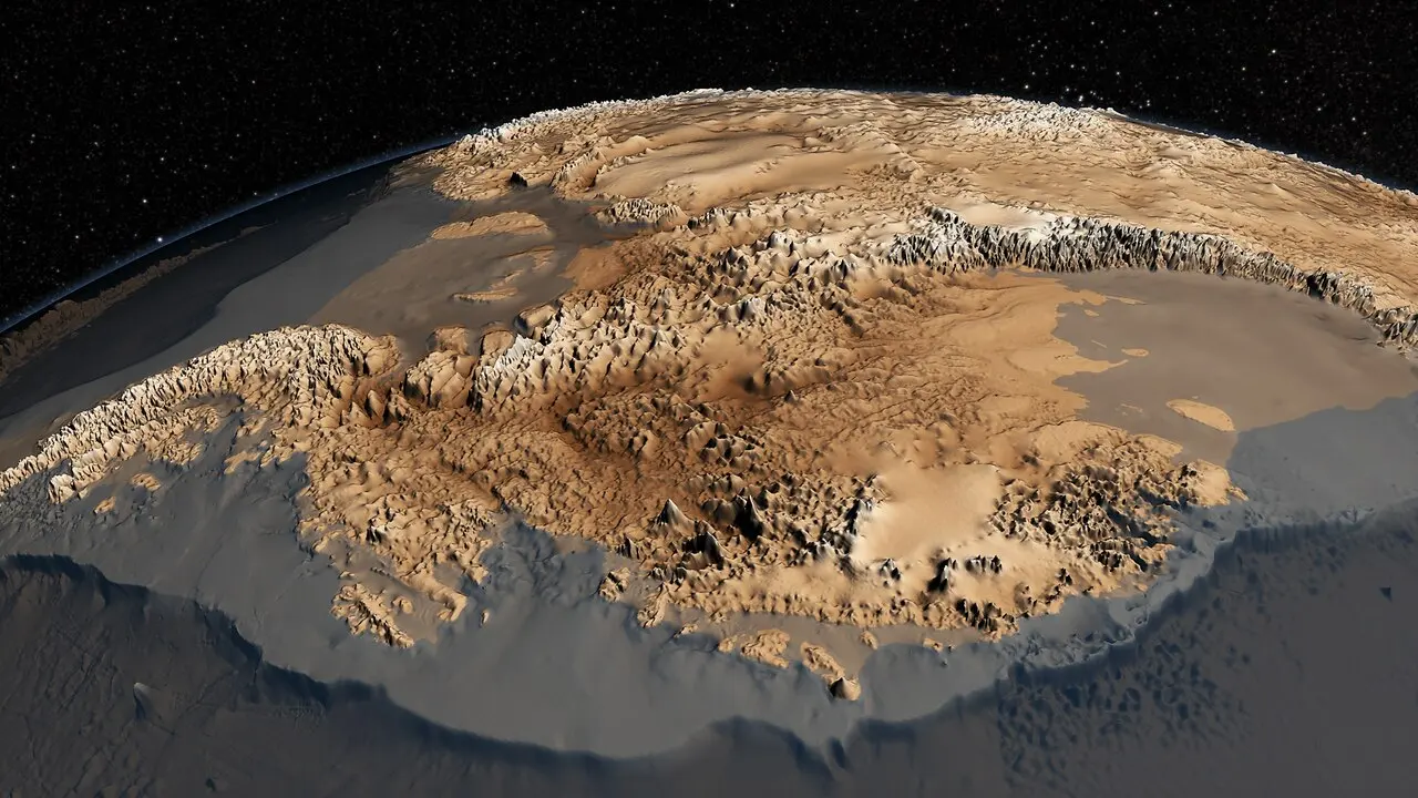 Antarctica seen as if from space with its ice removed: brown mountain ranges and basins surrounded by gray seafloor