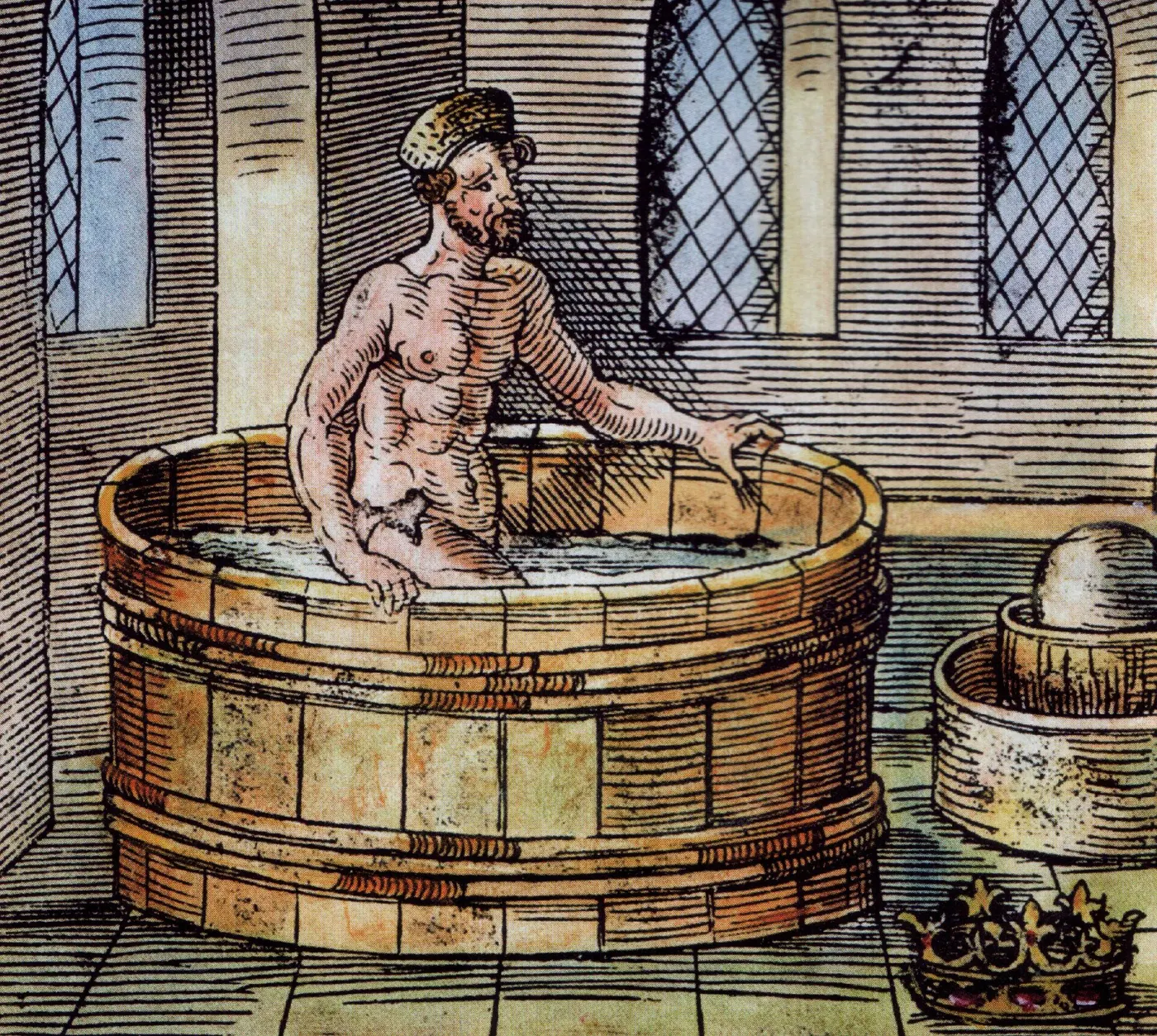 Hand-colored woodcut of Archimedes sitting in a wooden tub, with a crown lying on the floor at lower right