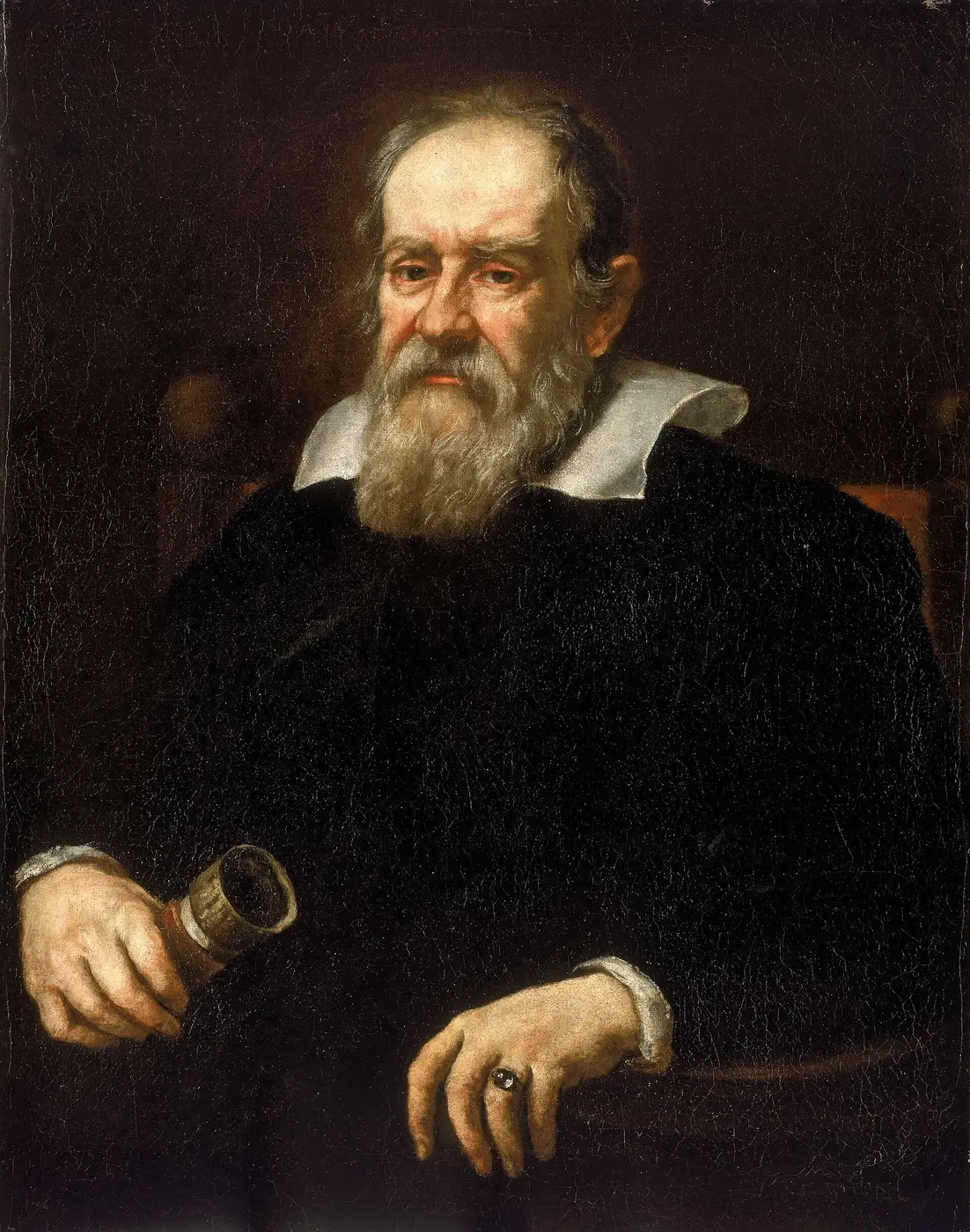 Portrait of an elderly man with a white beard, wearing black clothes with a white collar and holding a telescope