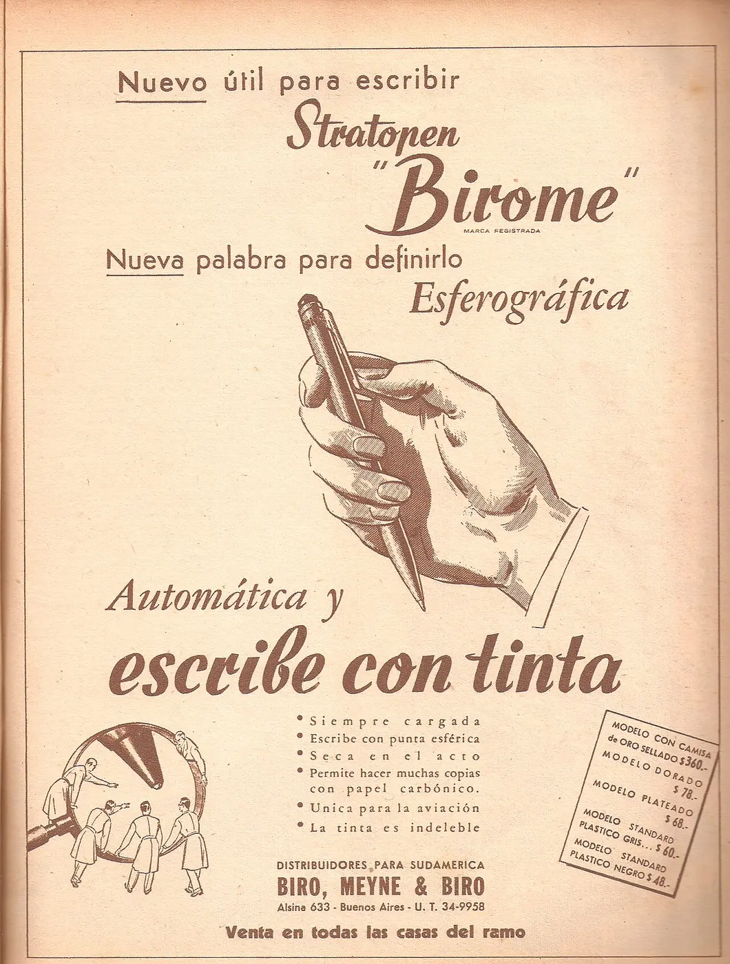 An old advertisement in Spanish showing a hand holding a pen and promising that it writes with ink