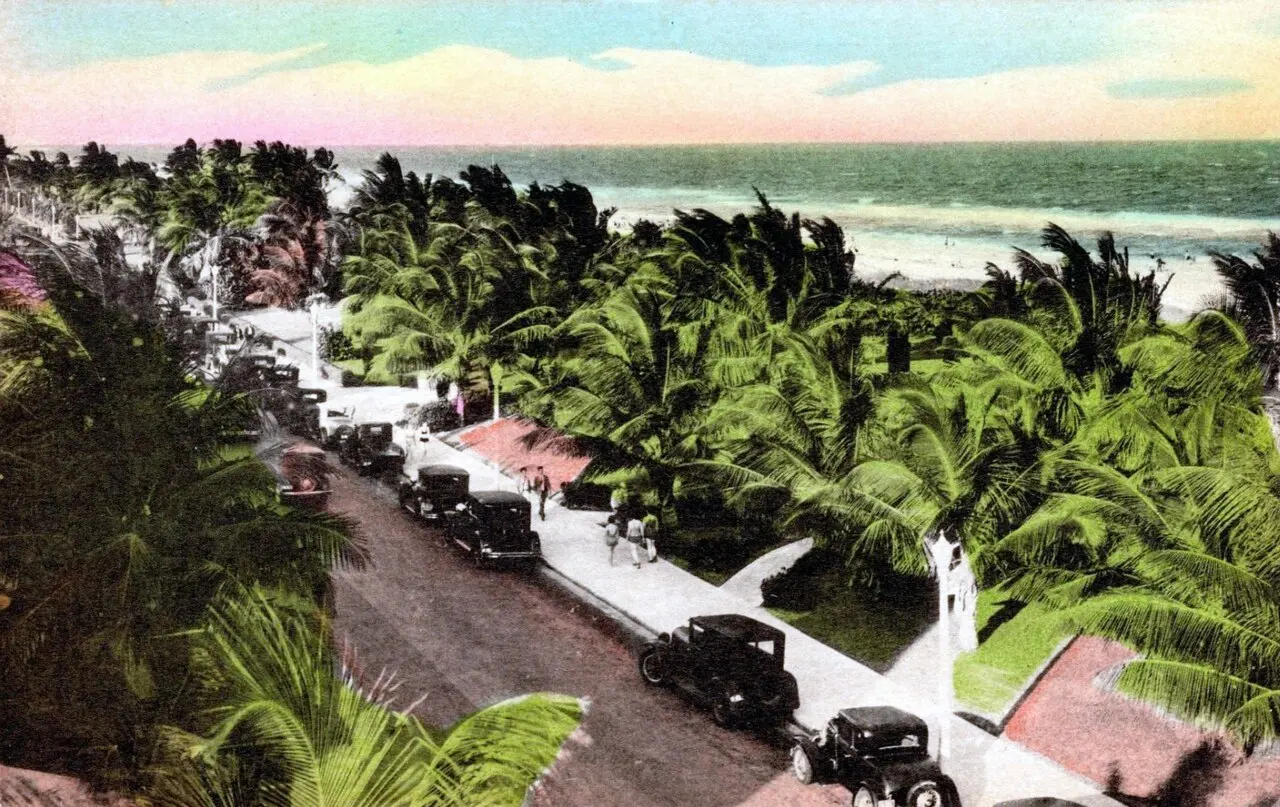 A hand-colored postcard of old cars parked along a palm-lined seaside road, with white waves breaking on the shore beyond