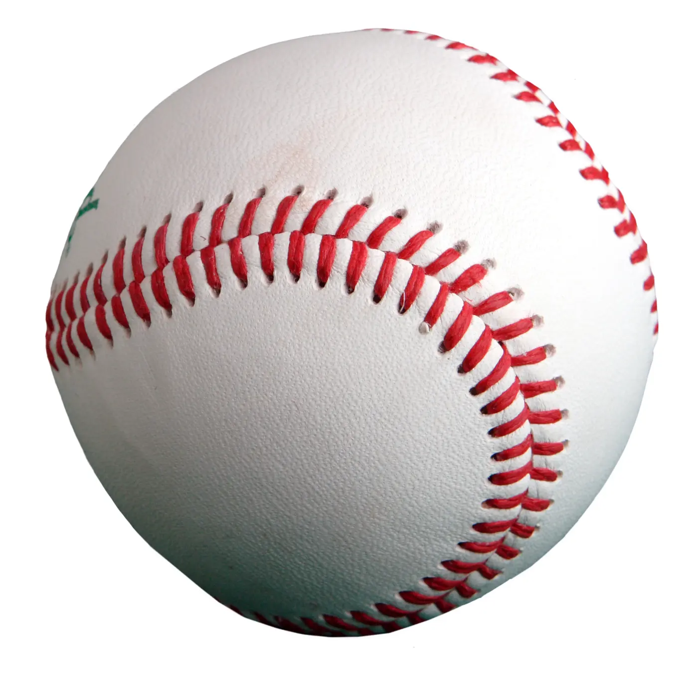 A white baseball with rows of V-shaped red stitches