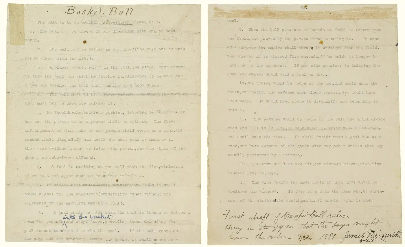Two typewritten sheets of paper listing the 13 rules of basketball