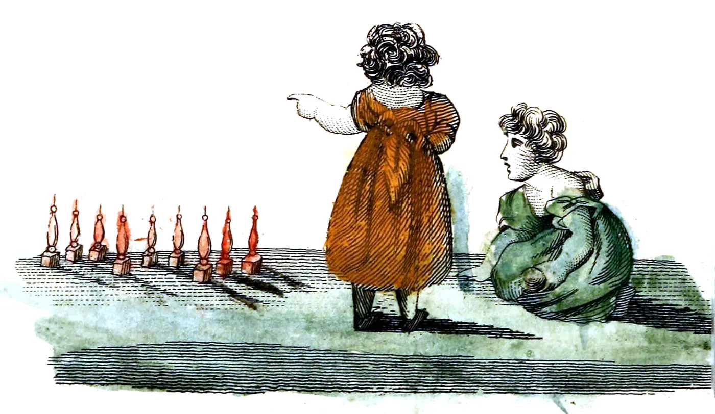 A hand-colored engraving of children pointing at nine small pins standing in a row