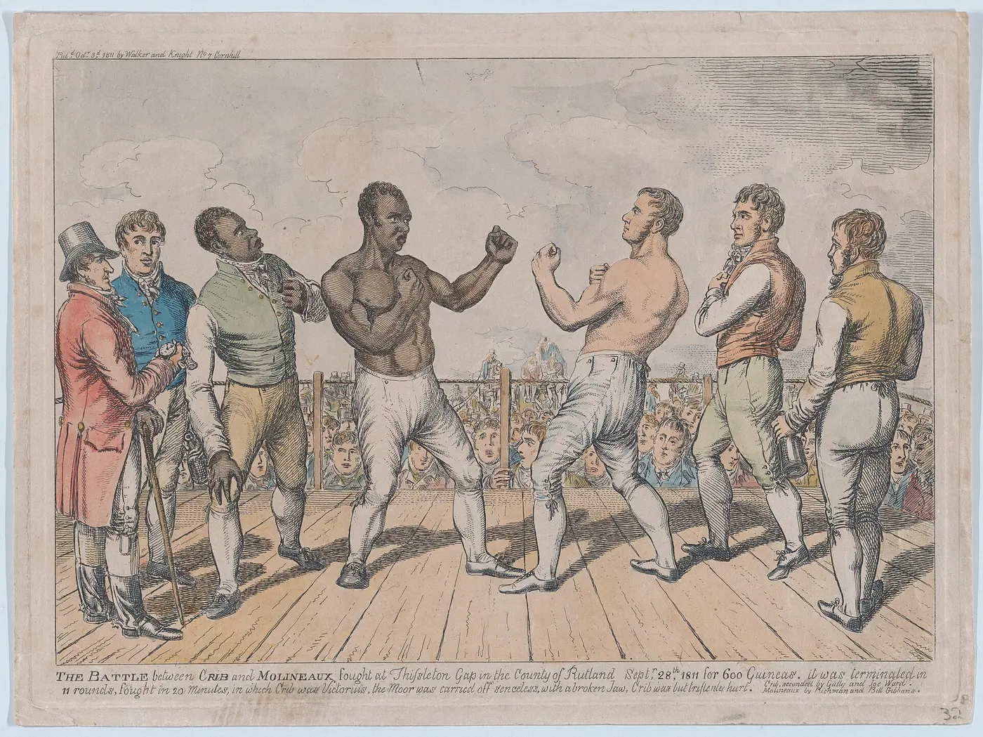 A print of two bare-chested men squaring up with raised fists on a wooden stage, with a dense crowd of spectators beyond the ropes