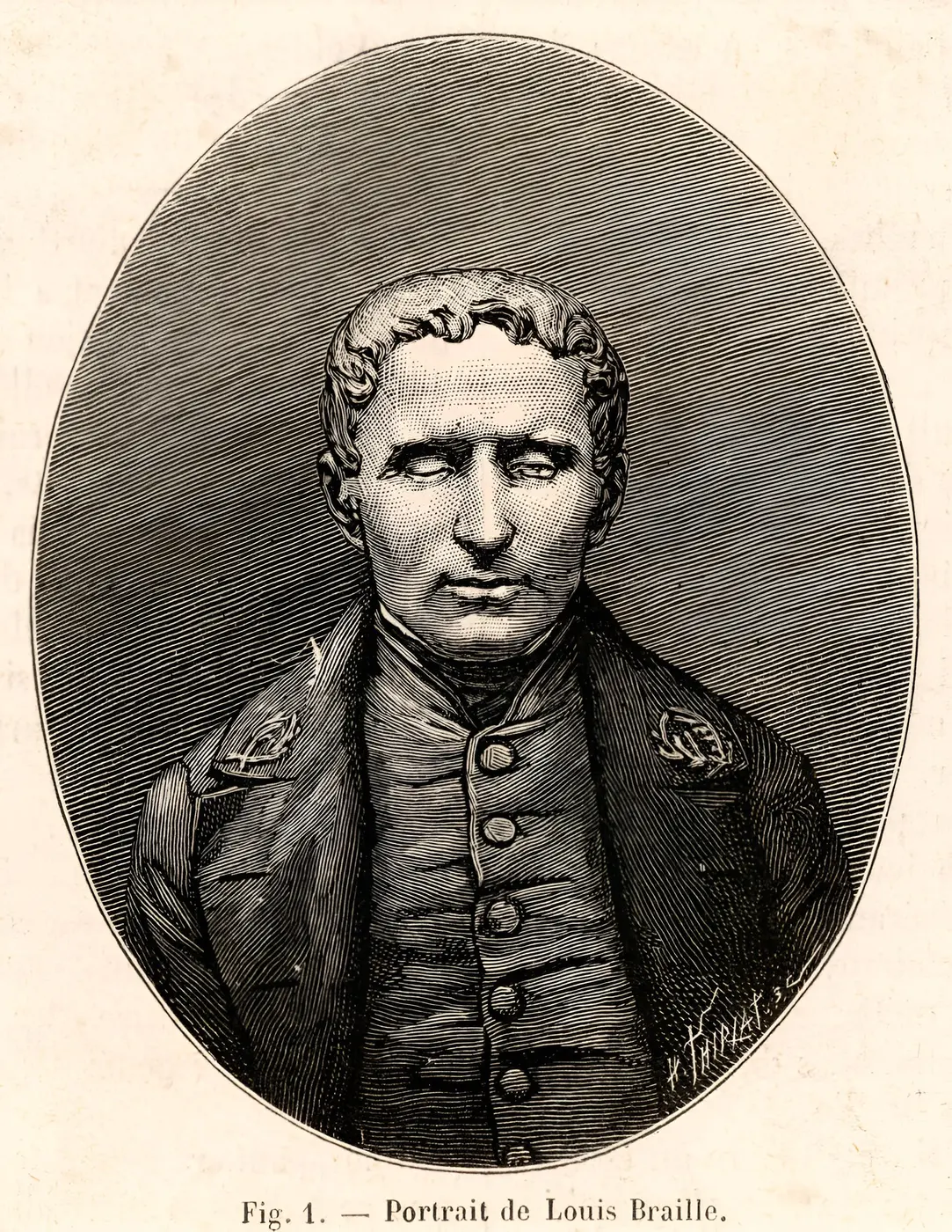 Engraved portrait of a young man in a jacket, framed in an oval
