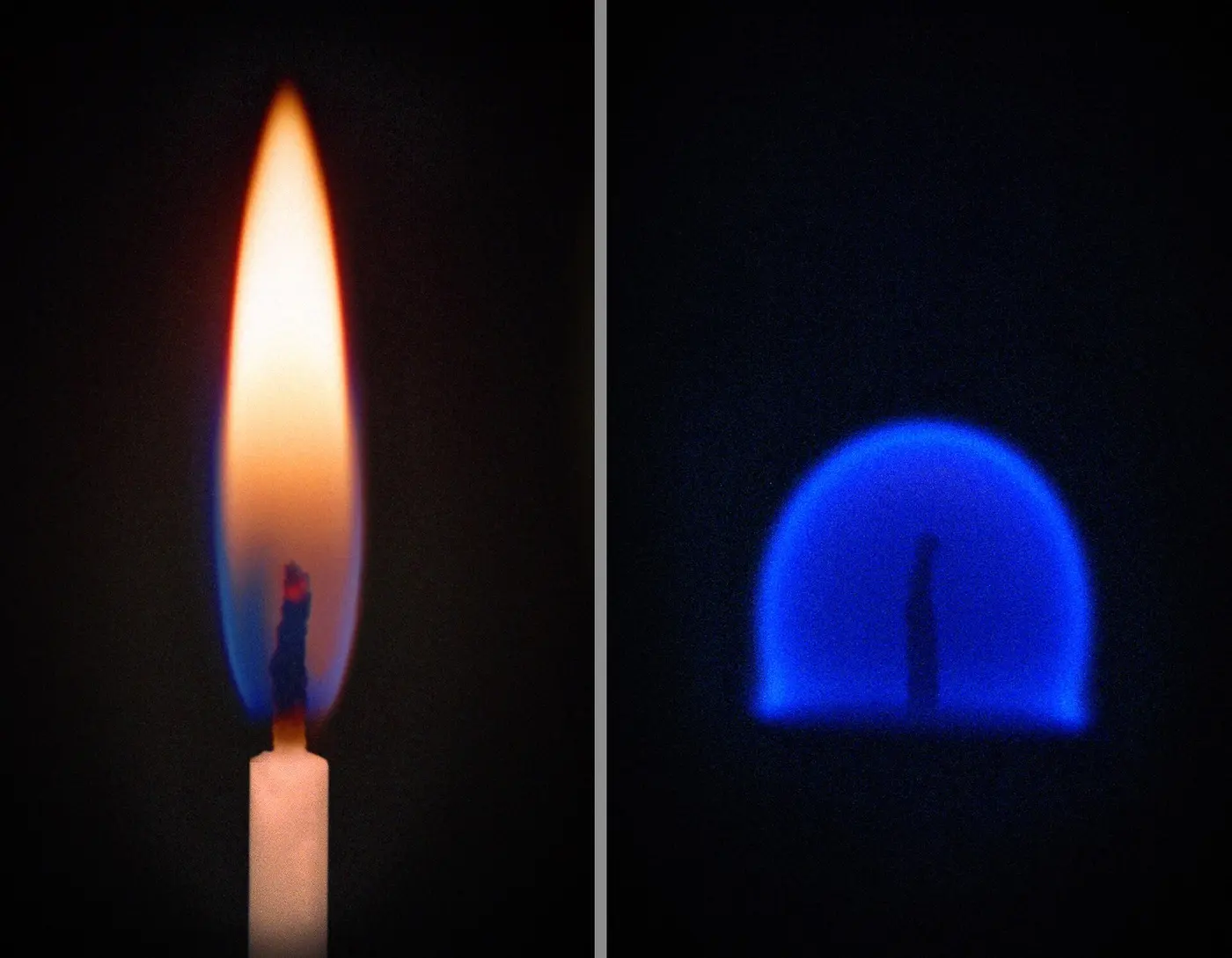 On the left, a yellow candle flame stretching tall and thin; on the right, a round blue flame wrapped around the wick
