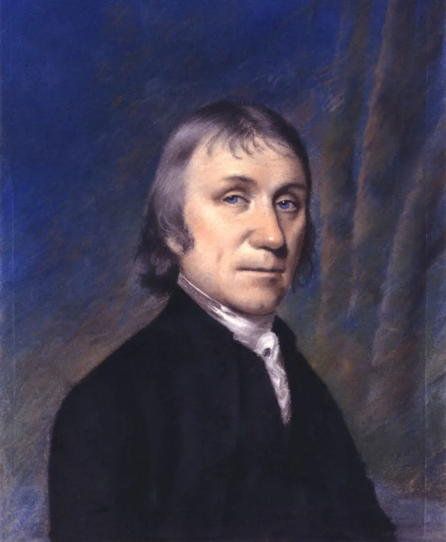 A pastel portrait of a gray-haired man in a black coat and white neckcloth