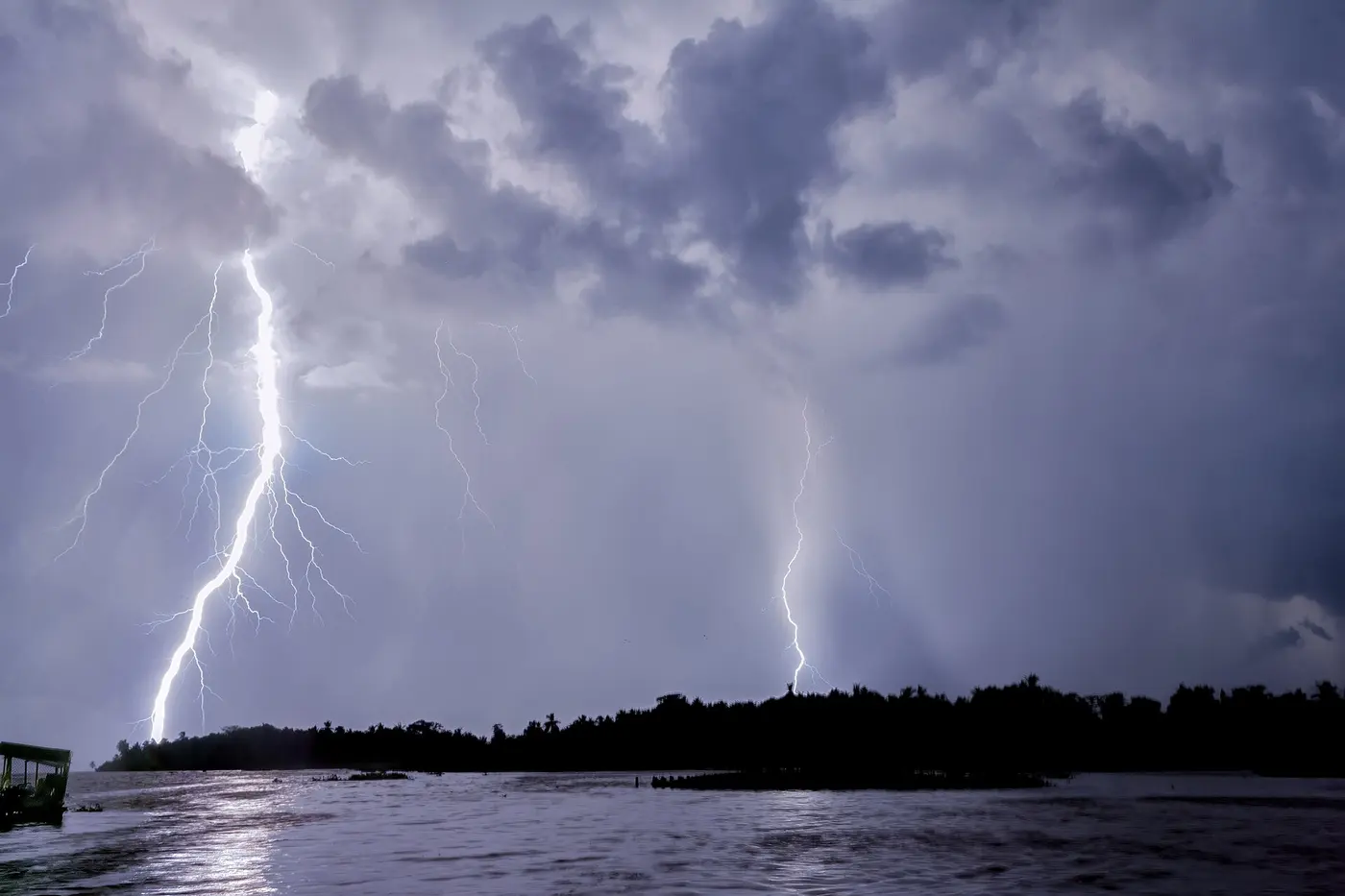 Several branching bolts of lightning streaking from the clouds over a lake toward a forested shore
