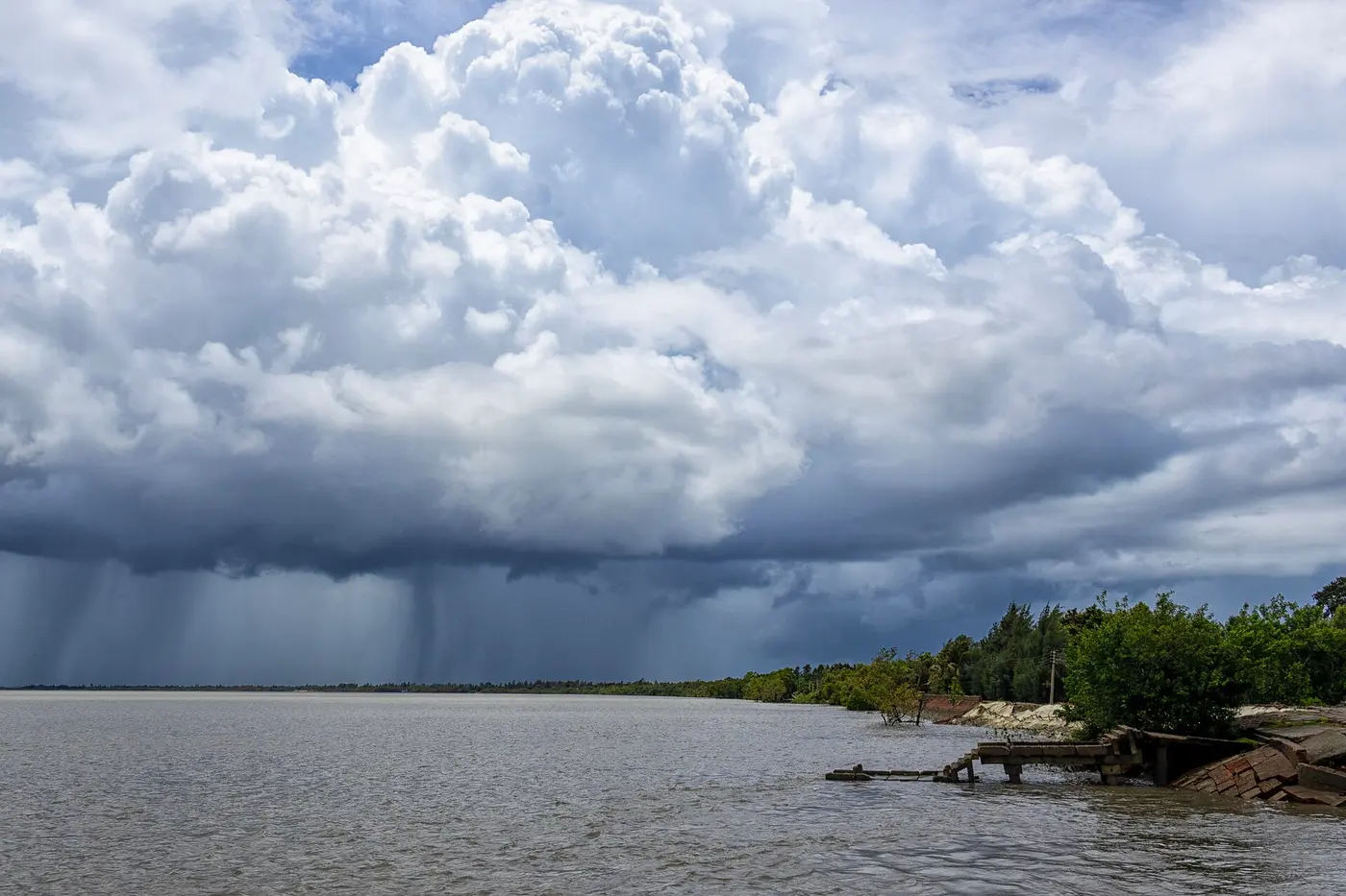 A huge white cloud towering over a waterside landscape, with gray streaks of rain falling from its base