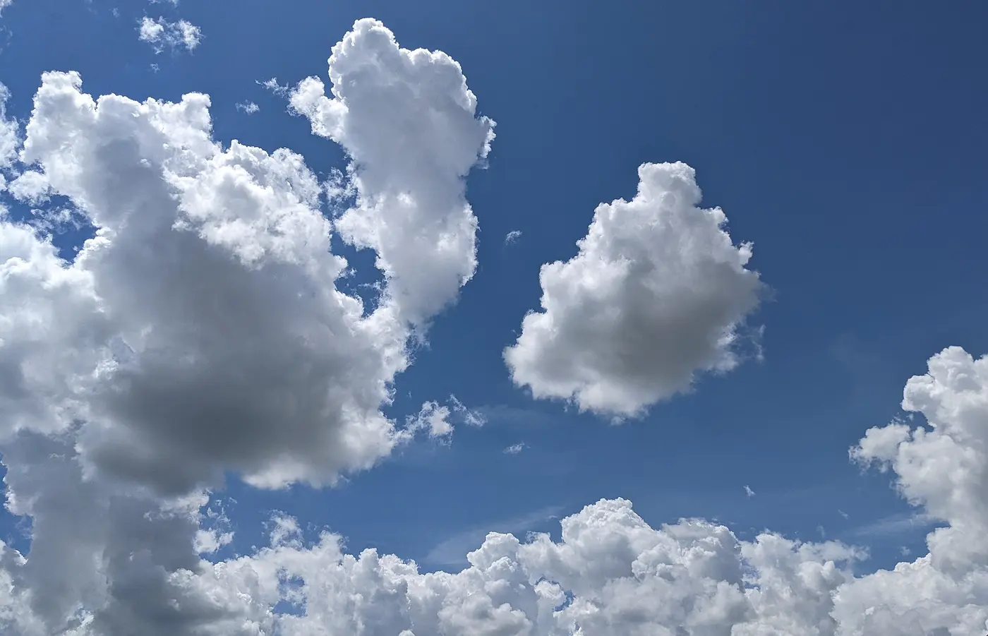 White, cottony cumulus clouds billowing in a blue sky