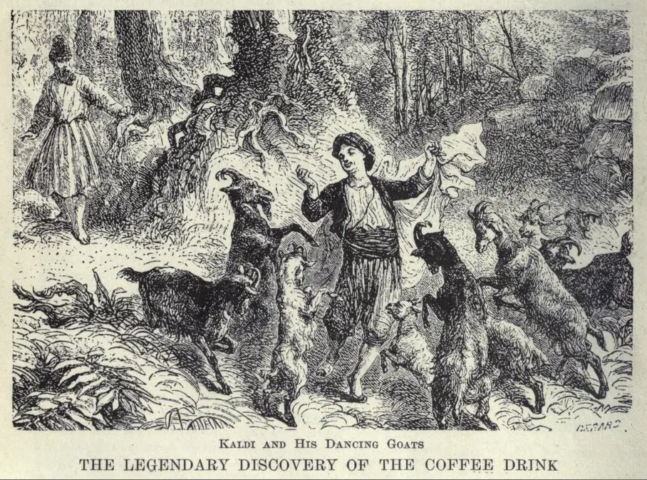 An old engraving of a young man dancing with his arms raised among leaping goats in a forest