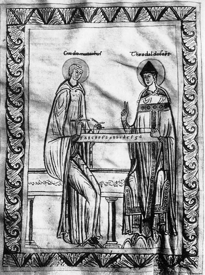 A medieval manuscript illustration of a monk and a bishop facing each other, with a single-stringed instrument on a stand between them