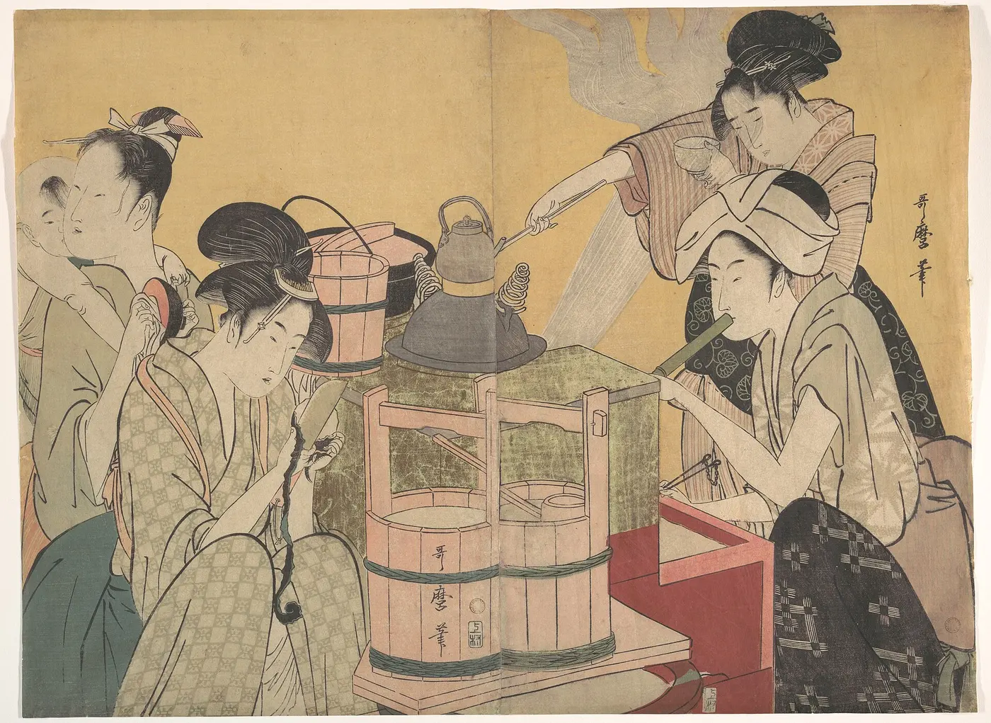 An ukiyo-e print of women working in a kitchen, one blowing on the stove fire through a bamboo tube and another drawing hot water