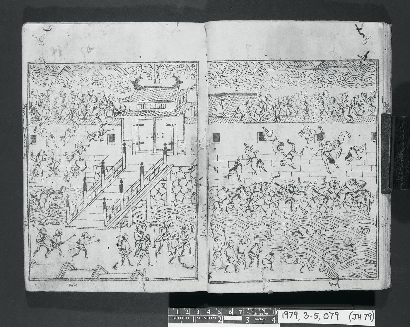 A woodblock illustration of people fleeing flames and leaping one after another from a gate’s stone wall into a moat