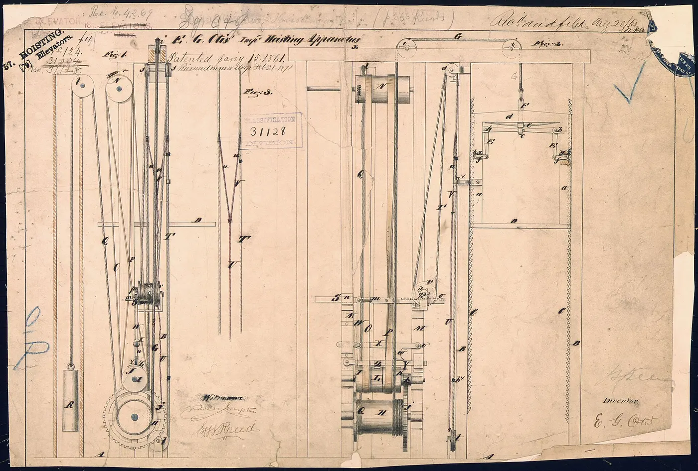 An old patent drawing of pulleys, a winding mechanism, and a shaft lined with saw-toothed rails on both sides