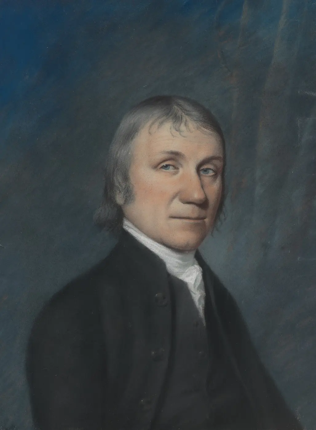 Portrait of a gray-haired man in a black coat and white neckcloth