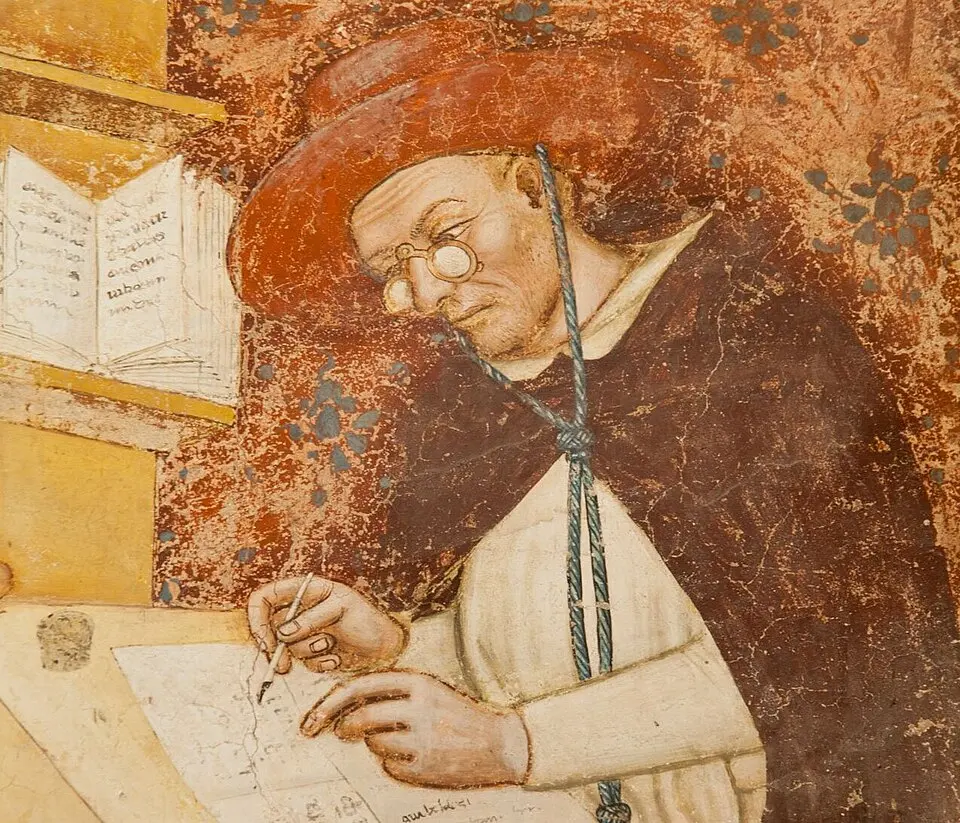 Fresco of a cardinal in a red hat writing with a pen, with round spectacles resting on his nose