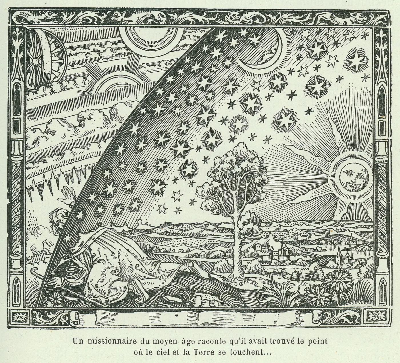 An engraving of a traveler at the edge of the horizon poking his head through the dome of the sky to peer at the world beyond