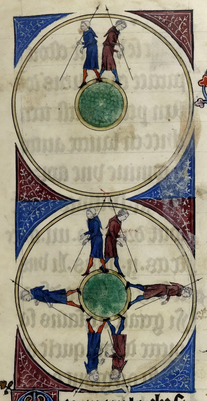 A medieval manuscript illustration of two men walking east and west around a round Earth and meeting on the opposite side