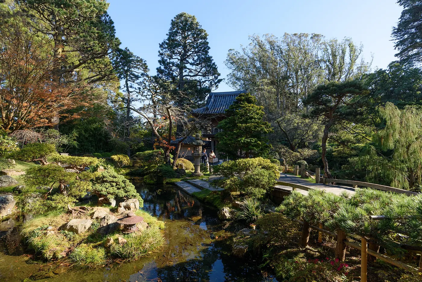 A Japanese garden with a pond, rock arrangements and pine trees, with a pagoda in the background