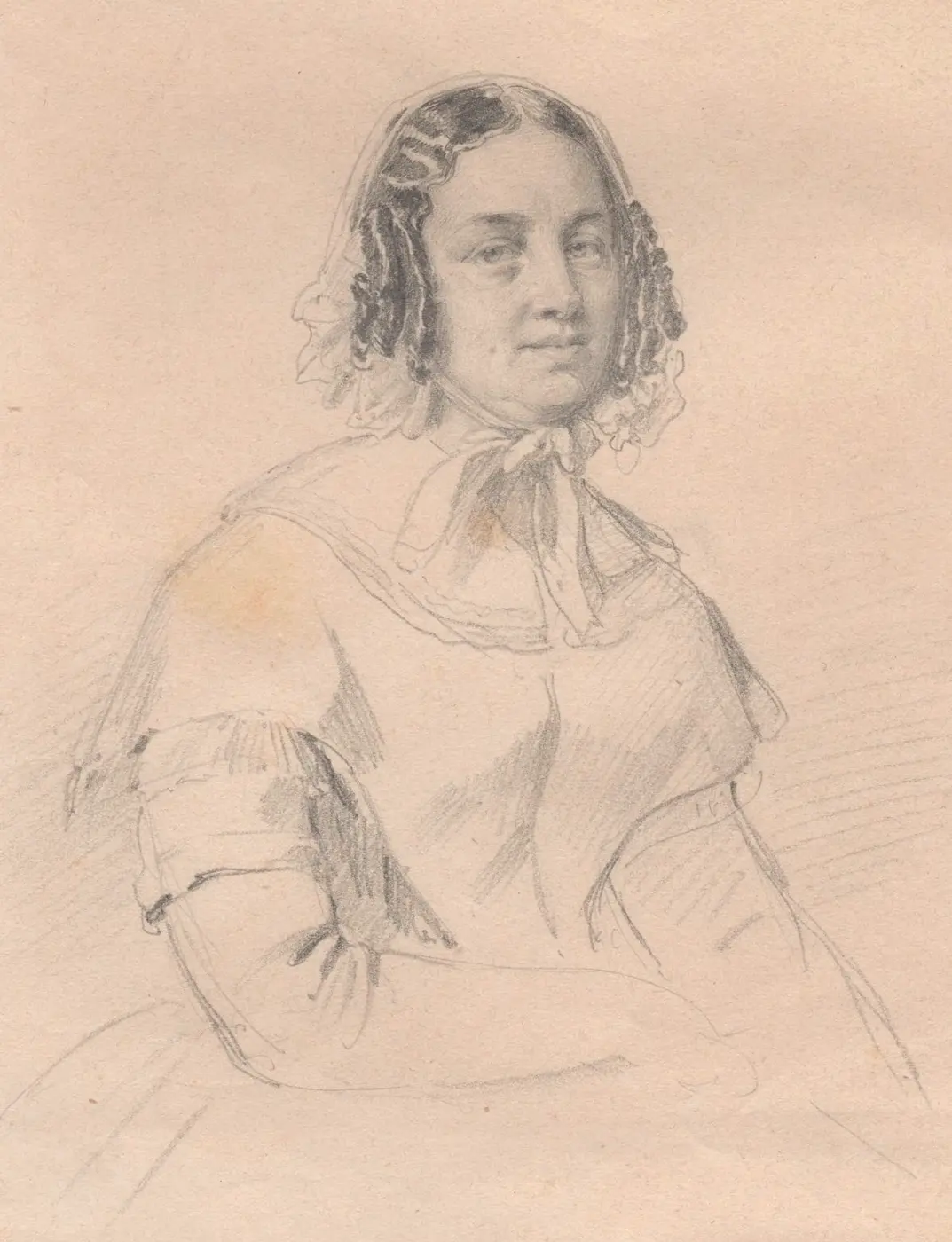 A pencil drawing of a woman in a lace cap with a ribbon tied at her neck