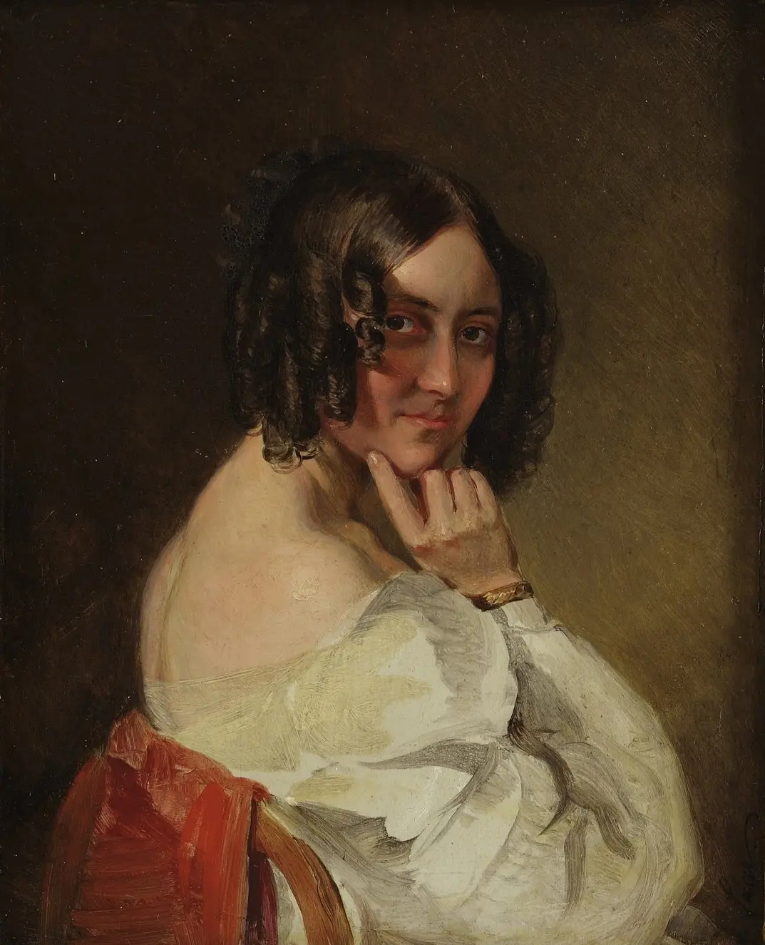 An oil portrait of a woman with ringlets looking back over her shoulder, her hand resting against her cheek