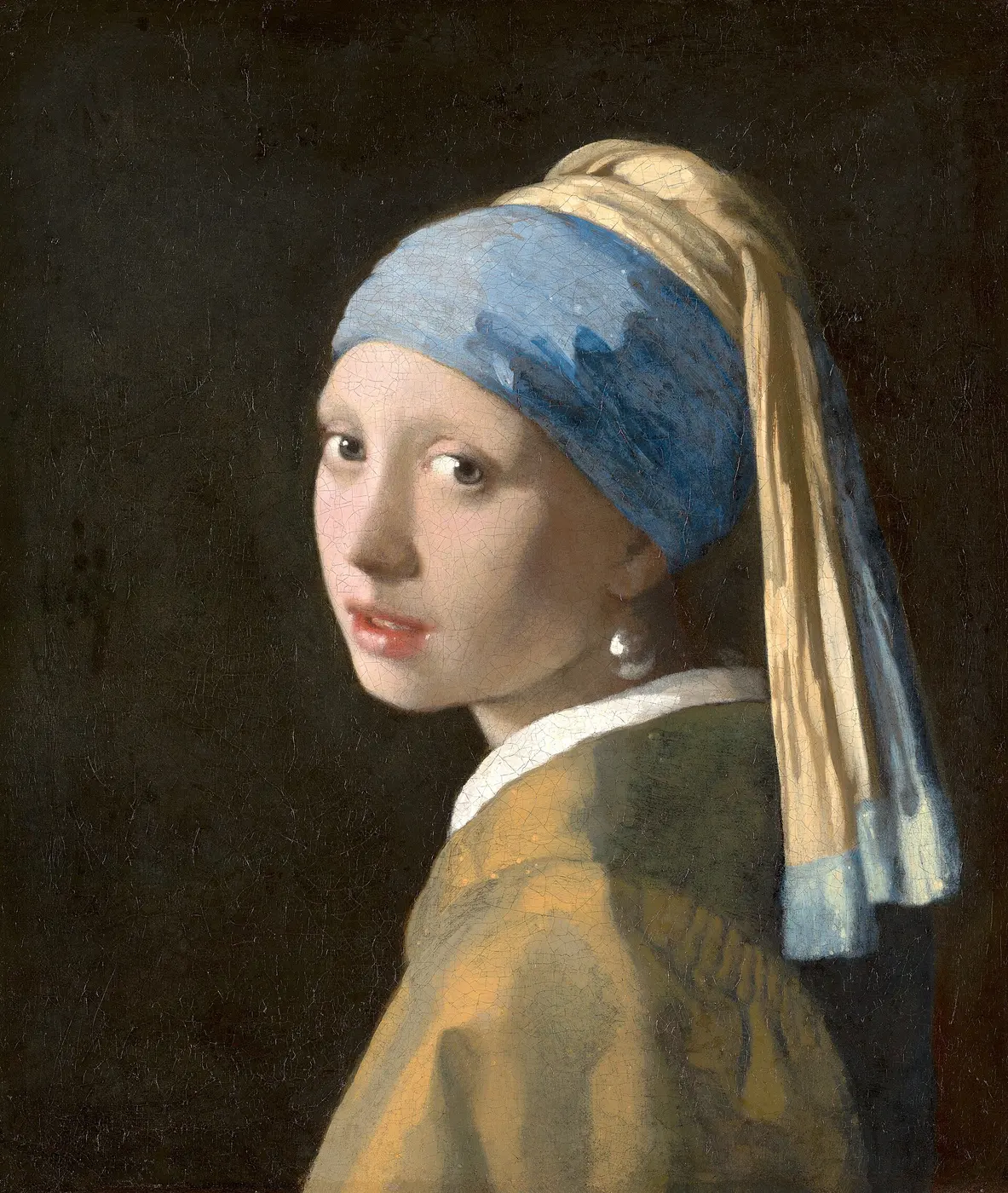 An oil painting of a girl in a blue and yellow turban with a large pearl earring, looking back over her shoulder