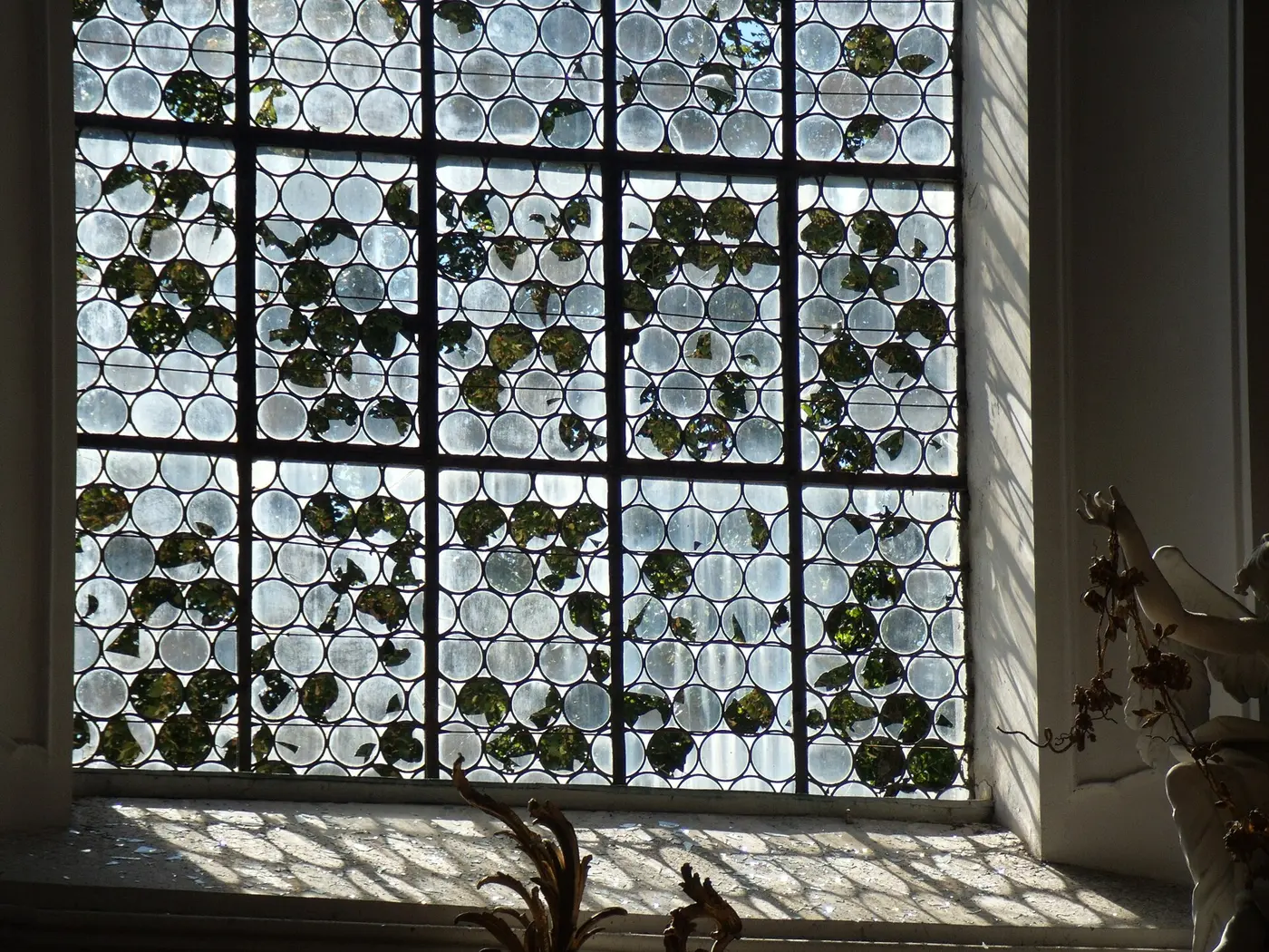 A window packed with small round panes of glass, with the leaves of a tree outside looking warped and mottled through them