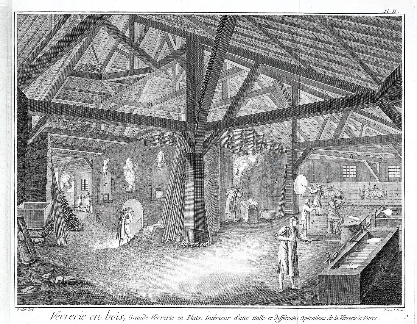 Black-and-white engraving of a large workshop with heavy beams, where craftsmen work around furnaces and workbenches