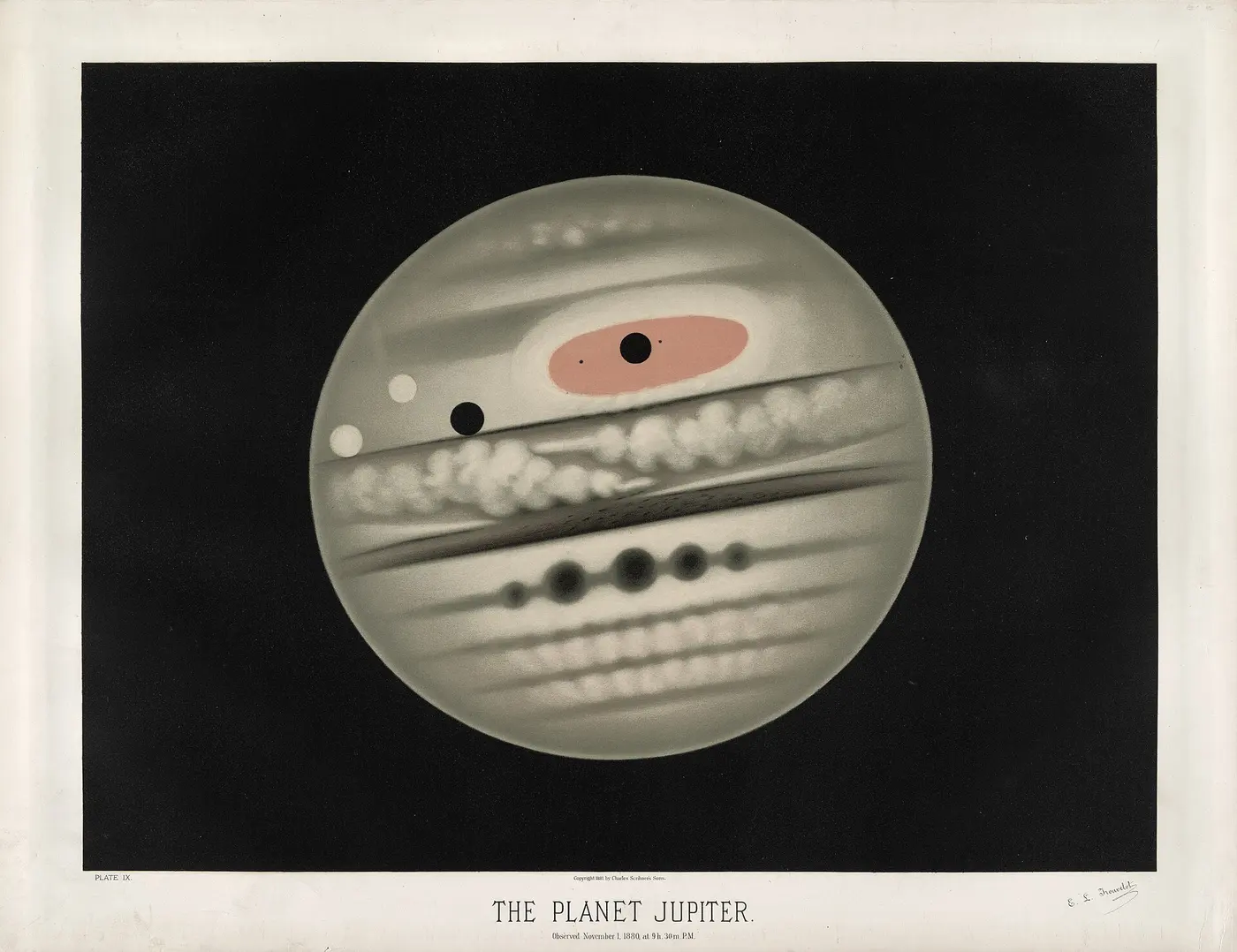 A striped Jupiter drawn on a black background, with a large elongated red oval near the top