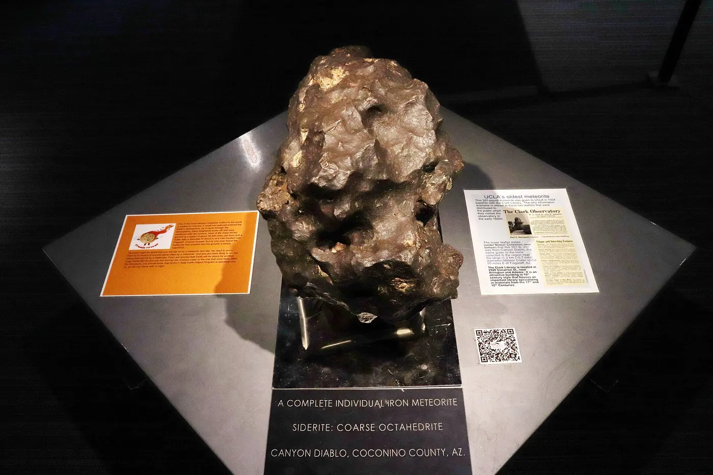 A rugged, dark brown iron meteorite on a museum display stand