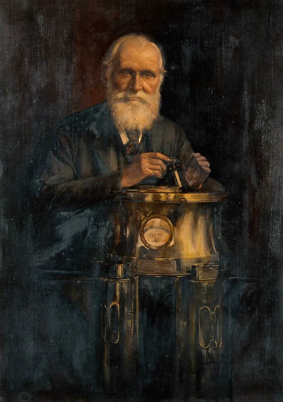 Portrait painting of an older man with a white beard, his hand on a brass instrument