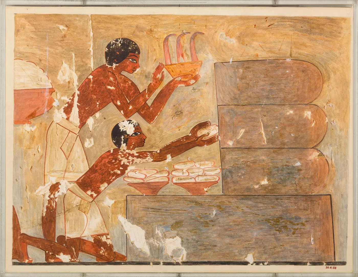 古代エジプトの壁画の模写。積み重ねた筒形の巣箱の前で、二人の男性がはちみつを採っている