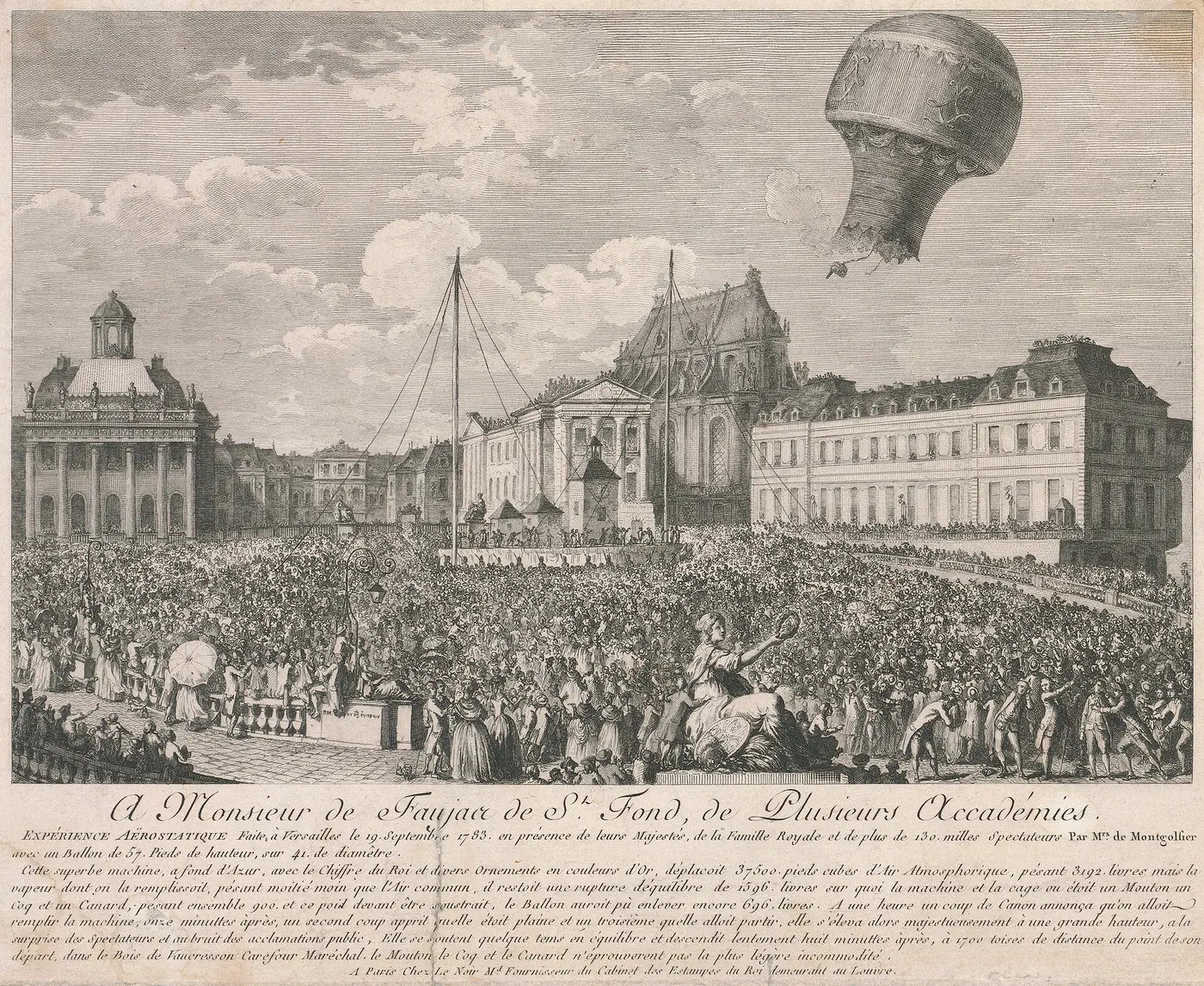 A print of a patterned balloon floating above a huge crowd filling the square in front of a palace