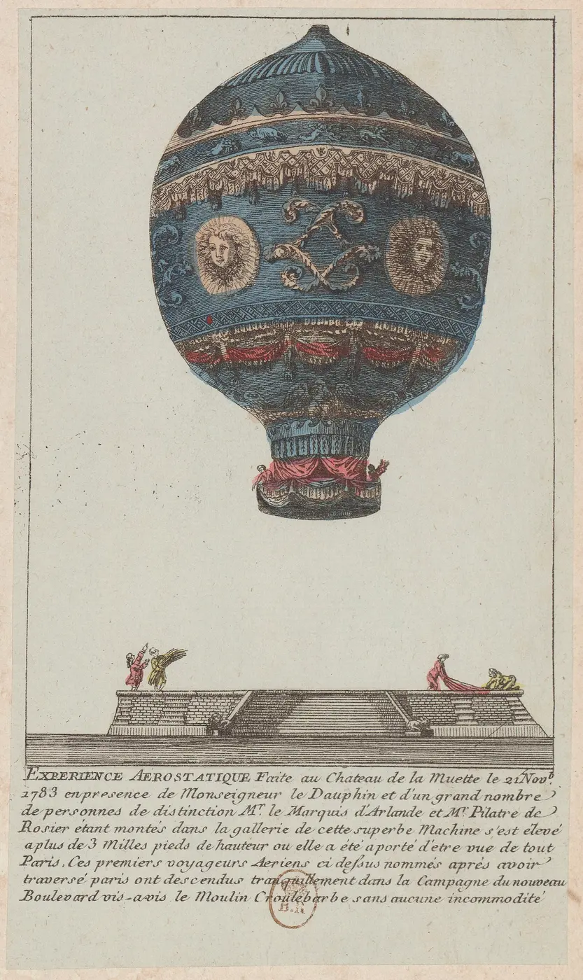 A hand-colored print of a blue balloon with gold decorations lifting off from a platform
