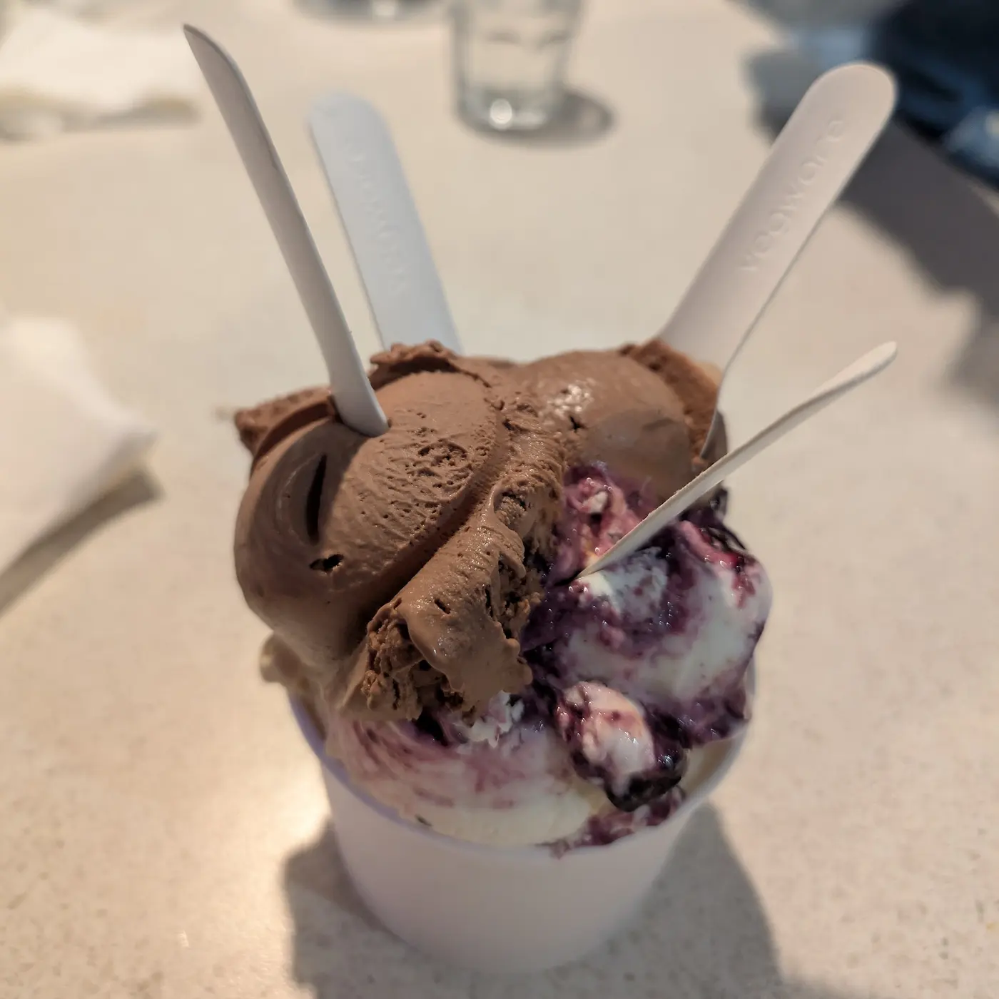Chocolate and blueberry ice cream scooped into a paper cup
