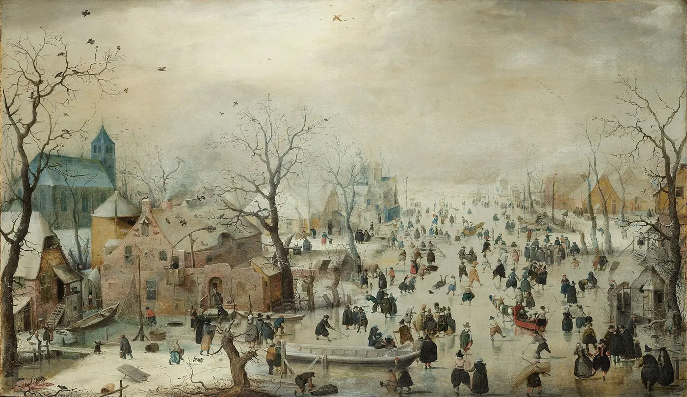 A painting of a winter village where crowds of people skate, pull sleds and chat on a frozen river