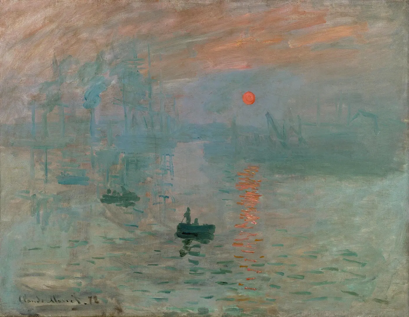 An oil painting of a hazy blue harbor, with an orange sun, its streak of light on the water and the dark shapes of small boats