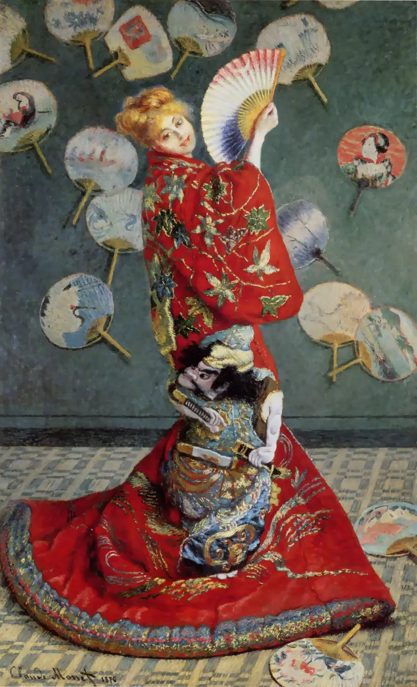 An oil painting of a blonde woman in a red kimono turning back and holding up a folding fan, in front of a wall scattered with round fans