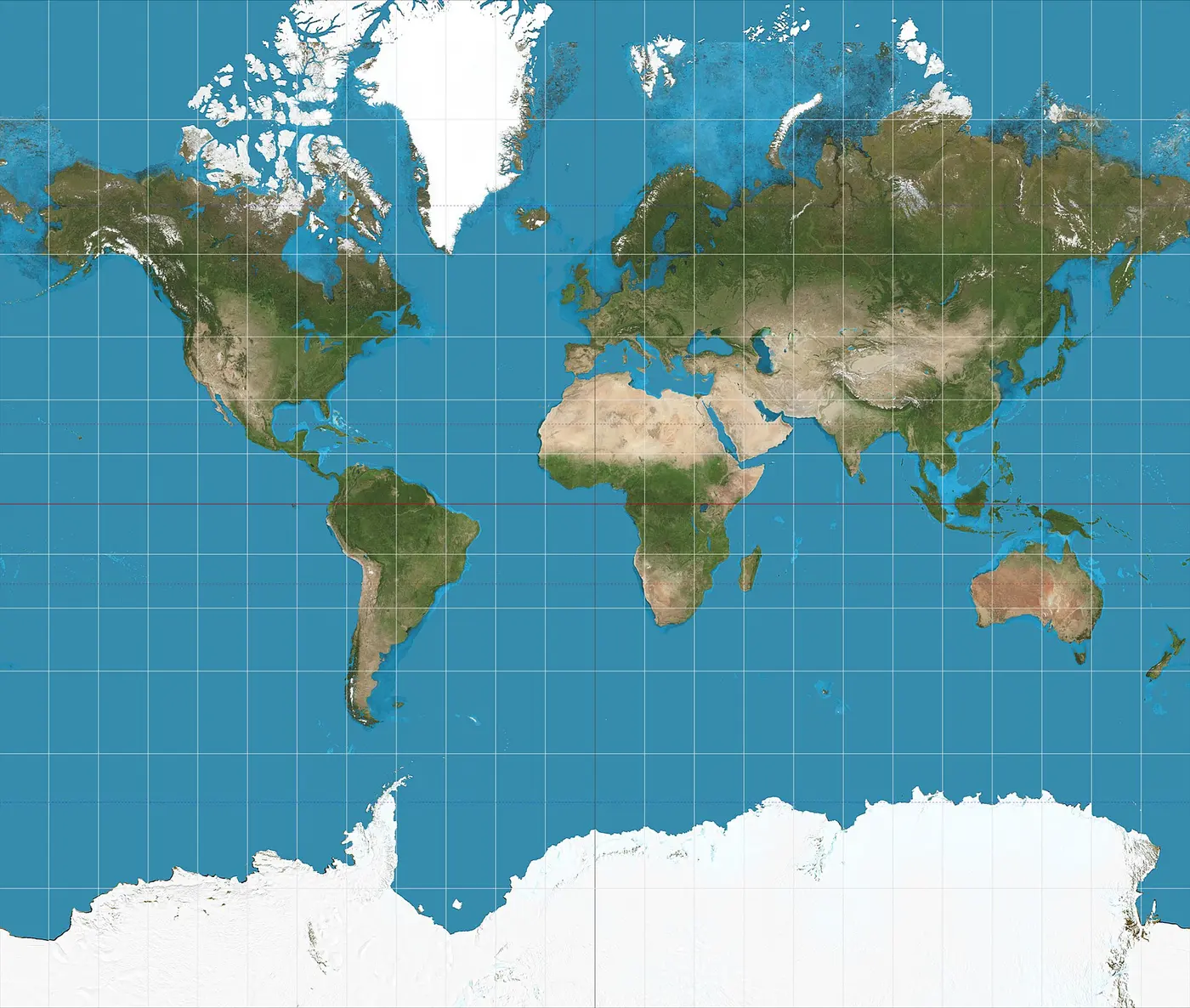 A world map made from satellite imagery in the Mercator projection, with Greenland at the far north drawn large enough to compare with Africa