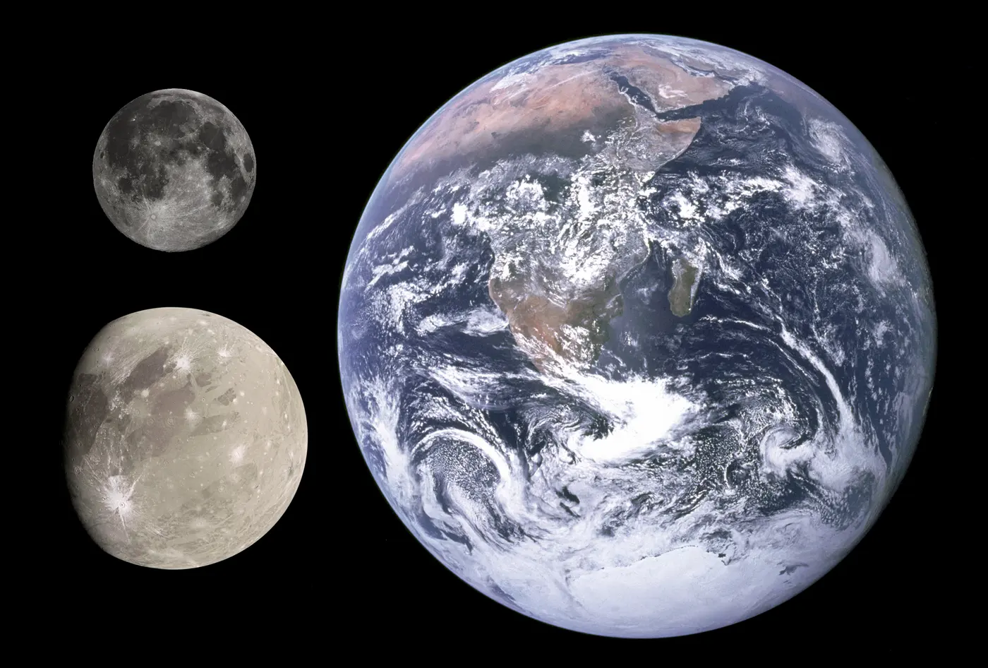 A large Earth on a black background beside the much smaller Moon and Ganymede