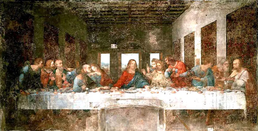 The Last Supper, dull and faded overall, with paint missing in many places