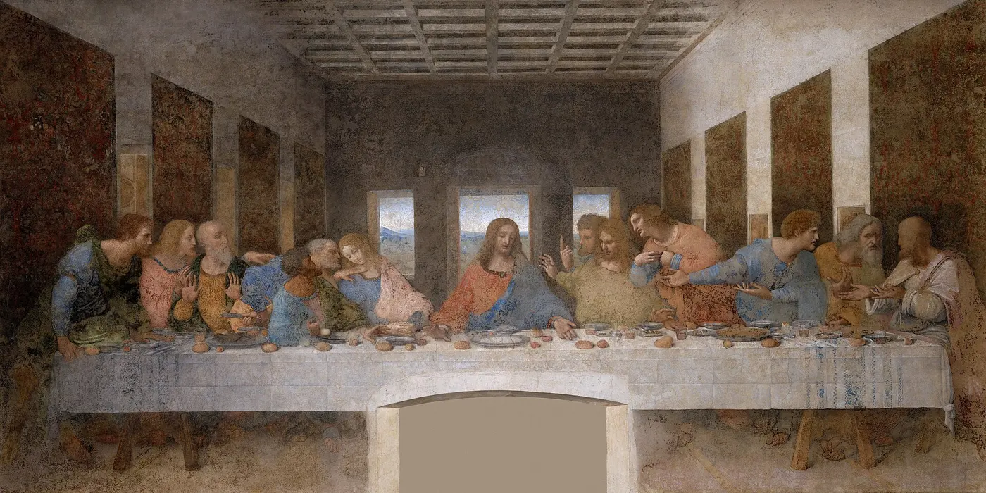 Mural showing Christ seated at the center of a long table with six disciples on each side