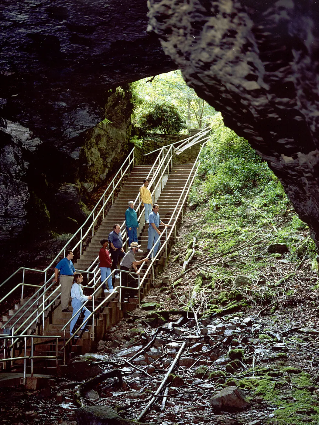 People walking down a staircase into a cave through a large rock opening, with green trees outside