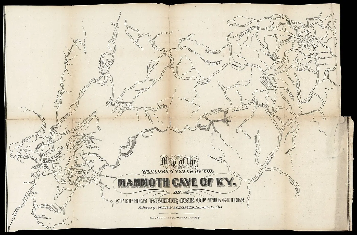 An old hand-drawn cave map with thin branching lines spreading across the whole sheet