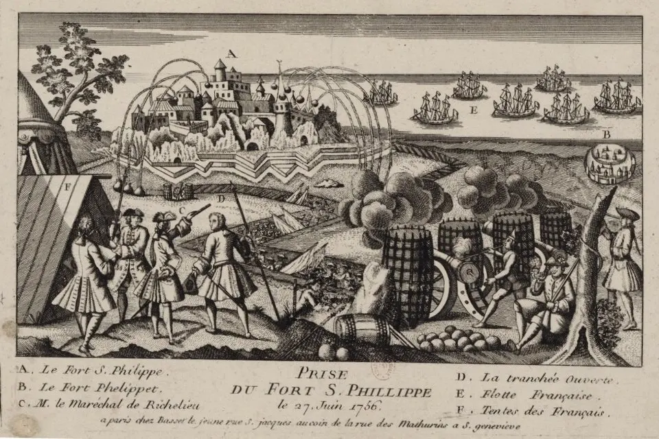 A print showing a fortress with cannon smoke rising, a fleet offshore, and soldiers with cannons in the foreground