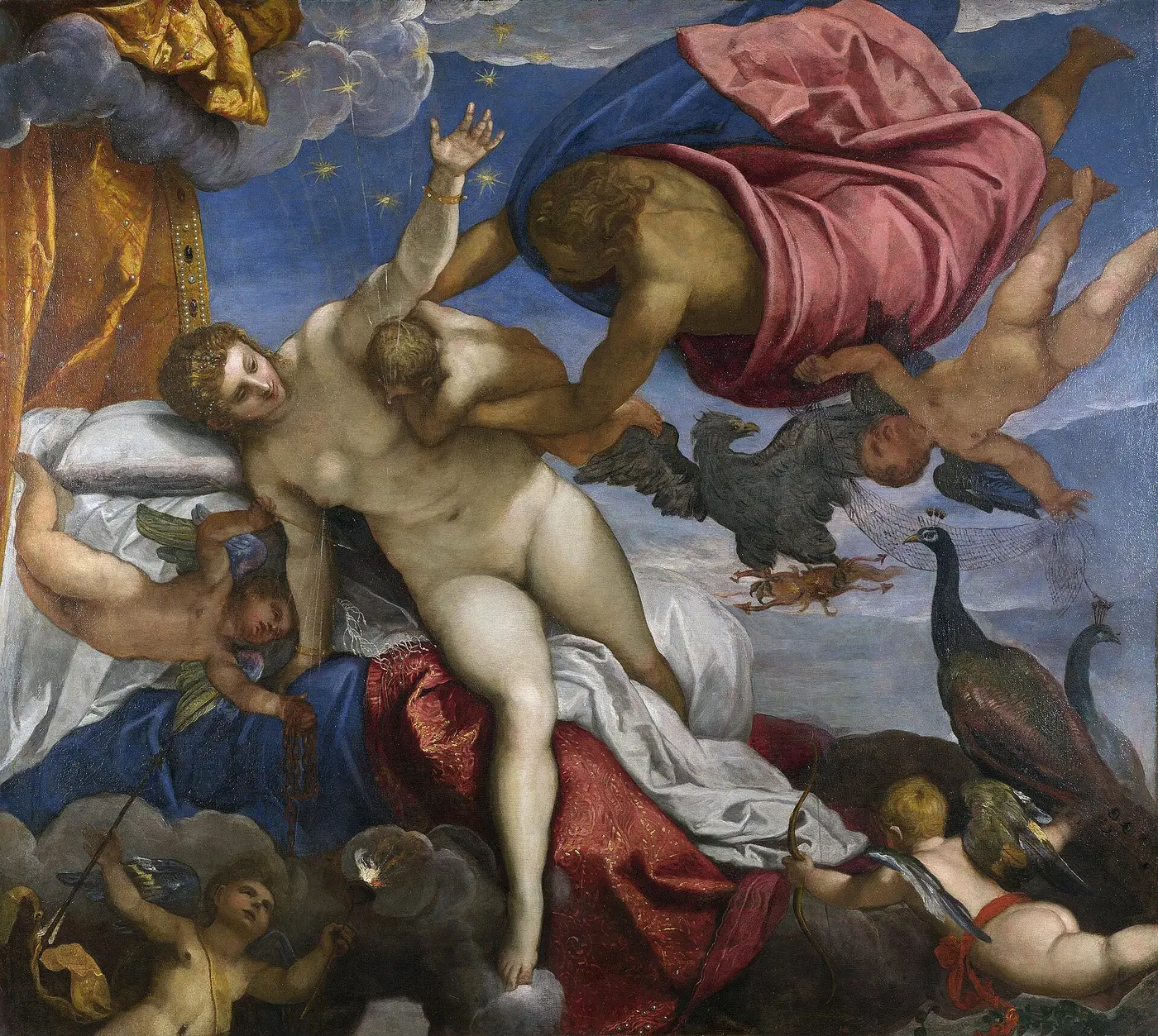 An oil painting in which a god holds out a baby to a goddess lying on a bed, as milk spraying from her breast turns into stars in the sky
